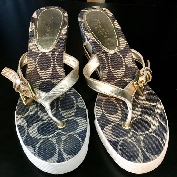 Coach Pristine silver and denim wedge sandals